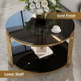 ZUN Modern Black Mirror Coffee Table, Asymmetrical Metal, Circular Metal Drum Base, Gold Finish & Lower N735P177478B