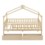 Twin Size Wooden House Bed with Two Drawers, Natural WF302181AAN