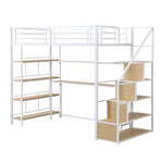 ZUN Twin Size Metal Loft bed with Staircase, Built-in Desk and Storage Shelves, White 68735084