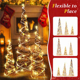 Set of 3 Pre-Lit Christmas Cone Trees - 60 Warm White LEDs, 32"/24"/16" Sizes, Brown Rattan 68689856