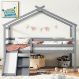 ZUN Twin Low Loft House Bed with Slide, Ladder, Safety Guardrails, House Roof Frame,Grey W504P145315