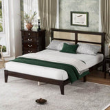 Queen Size Rubber Wooden, Solid Wooden Bed with Rattan Headboard, Enhanced by Support Feet,Espresso W504P252031