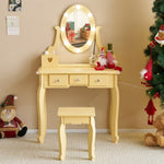 ZUN FCH Kids Vanity Set with Mirror and Lights and Stool, 5 Storage Drawers, Pretend Play Princess 09083771