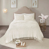 Tufted Cotton Chenille Medallion Fringe Coverlet Mini Set Off-White Twin/Twin XL B03597572