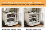 Minimalist White Buffet Cabinet with Double Glass Doors and Drawer, Modern Wooden Storage Sideboard W2557P189574