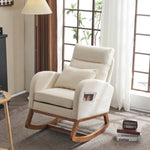 ZUN Beige Linen Nursery Rocking Chair with Thick Headrest,Mid-Century Modern Nursing Rocker,Upholstered 20640769