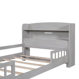 Wood Twin Size Platform Bed with Built-in LED Light, Storage Headboard and Guardrail, Antique Grey WF308150AAE