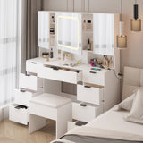 ZUN Large Vanity Table Set with 3 Opening Mirrors and LED Lights, Vanity Table with Full Storage Behind 92358029