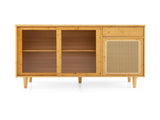Natural Bamboo Sideboard Cabinet with Rattan Door, Sliding Door & Pull-Out Drawer, 5-Leg Rubber Wood 48150177