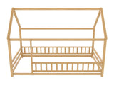 Full Size Floor Wooden Bed with House Roof Frame, Fence Guardrails,Natural W1858P389982