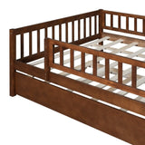Full Size Wood Daybed with Trundle and Fence Guardrails, Walnut WF301863AAL