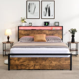 ZUN Queen Size Bed Frame with Storage Headboard and 2 Drawers, LED Lights Bed with Charging Station, W1916126253