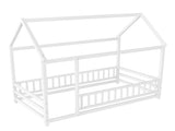 Twin Size Floor Wooden Bed with House Roof Frame, Fence Guardrails,White W1858P389938