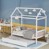 Solid Wood Twin House Bed Frame with Twin Size Trundle For White Color, No Box Spring Needed W69740991