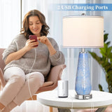 Modern Table Lamp Set of 2 Touch Control, 27" Tall Blue Art Ceramic Bedside Lamp with USB Ports, W3355P323228