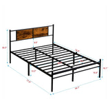 Full Size metal bedframe,Headboard with wood panel decoration,black 27810014