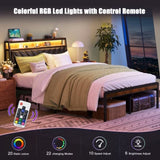 Queen size Platform Bed Frame with 105-Degree Tilted Upholstered Headboard, Charging Station, LED W1903P195268