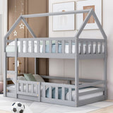 Twin over Twin House Bunk Bed with Fence and Door, Gray WF313047AAE