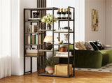 Freestanding Geometric Walnut Bookshelf 12 Staggered Shelves Metal Frame with Anti-Tip Kit 20854570