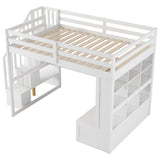 ZUN Full Size Loft Bed with Desk and Shelves, Two Built-in Drawers, Storage Staircase, White 35920794