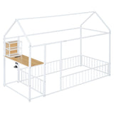 Twin Size Metal Bed House Bed Frame with Desk, Shelves, Power Outlets and USB Ports, White N737P173490K