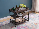 Rolling Kitchen Cart with Three Tiers and Four Wine Bottle Rack - Brown and Black Metal B107131418