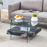 31.4 Inch Modern Two-Tier Square Coffee Table - An Elegant Combination of Clear Glass and Black W1151P232659