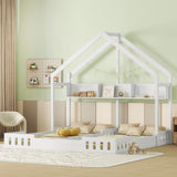 Wood Twin Size House Platform Beds,Two Shared Beds with Shelves and Guardrail, Creamy White WF310564AAA