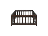 Twin Size Floor Bed with Fence and Door,Rubber Wood Floor Bed with Safety Guardrails,Espresso W504P429279
