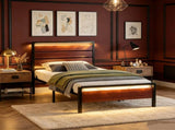 Twin Size Metal Wood Platform Bed Frame, 3-Panel Reddish Brown Wood Grain Headboard with LED Light & 40743771