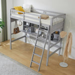 ZUN Loft bed with shelf with desk inclined ladder gray twin wooden bed pine particle board 64810433