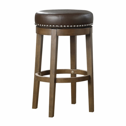 ZUN Round Swivel Bar Stools Set of 2, Brown Faux Leather 360-degree Swivel Seat Nailhead Trim Solid Wood B011P201566