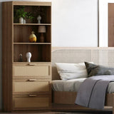71 Inches Tall Storage Cabinet, Rattan Bookcase with 3 Drawers and 3-Tier Open Shelves, Wooden 71781703