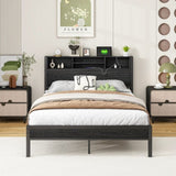 Full Size Bed Frame with Storage Headboard, Metal Platform Bed with Charging Station, Bookcase W840P241043