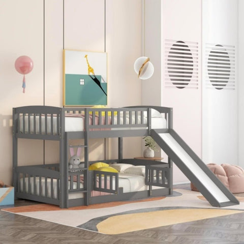 ZUN Bunk Bed with Slide,Twin Over Twin Low Bunk Bed with Fence and Ladder for Toddler Kids Teens Grey 39928459