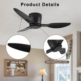 ZUN 40" Flush Mount Ceiling Fan without light, 3 Reversible Blades, with 6 Speeds Reversible DC W2352P194033