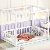 Full Size Canopy Frame Floor Bed with Fence, Guardrails,White W504P143282