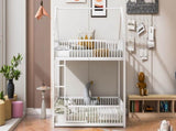 Metal Twin over Twin House Bunk Bed with Fence and Door, White N709P214091K