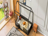 Twin Size Metal House Bed with Fence and Door, Black MF315932AAB