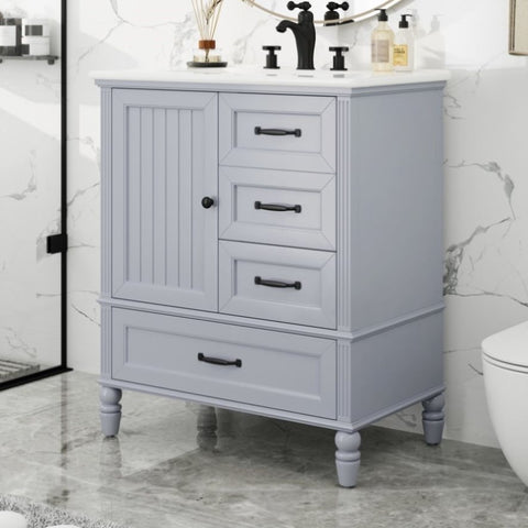 ZUN 30" Bathroom Vanity with Sink, Bathroom Cabinet with A Door, Three Drawers, Solid Wood Legs & MDF N759P207656E