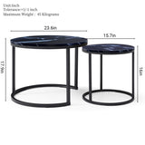 Set 2 Coffee Table Nesting Black top Black Frame Circular Round and Marble Pattern Wooden Tables, 62287079