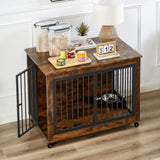 ZUN Furniture Style Dog Crate Side Table With Rotatable Feeding Bowl, Wheels, Three Doors, Flip-Up Top 30513527