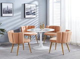 Modern beige dining chair with iron tube wood color legs, shorthair cushions and W23461124