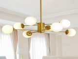 Modern 8-Light Gold Chandelier with White Glass Globe Shades, Mid-Century Branching Design, Elegant W1340P211849