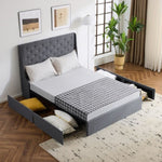 ZUN Upholstered Full Platform Storage Bed Frame with 4 Drawers, Wingback Headboard with Button Tufted 06426631