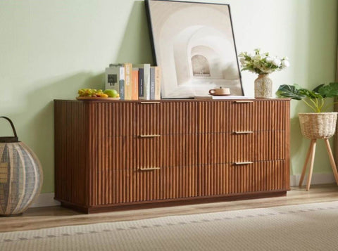 6 Drawers Dresser,55" Wide Modern Chest of Drawers Curved wave Design, Dresser TV Stand, Wood Drawer W1820P324616