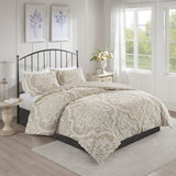 3 piece Tufted Cotton Chenille Damask Comforter Set Taupe Full/Queen B03597173
