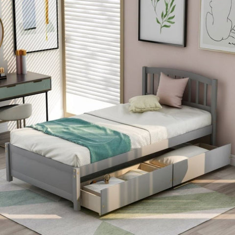 ZUN Twin Platform Storage Bed Wood Bed Frame with Two Drawers and Headboard, Gray WF194279AAE