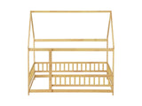 Full Size House Floor Wooden Bed with Roof Frame, Safety Guardrails,Natural W504P370560