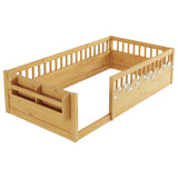 Twin Montessori Floor Bed Frame with High Rails, Wood Kids Floor Beds with Light and Storage Shelf, W2593P333571